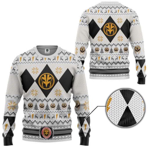 Gearhumans 3D MMPR White Ranger Christmas Custom Ugly Long sleeve - Image 2