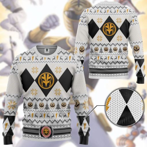 Gearhumans 3D MMPR White Ranger Christmas Custom Ugly Long sleeve - Image 3
