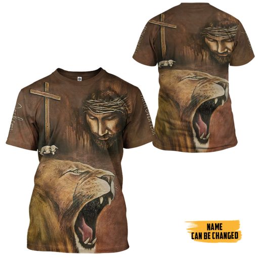 Gearhumans 3D Jesus Lion Cross Faith Over Fear Custom Name Tshirt Hoodie Apparel - Image 6