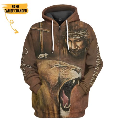 Gearhumans 3D Jesus Lion Cross Faith Over Fear Custom Name Tshirt Hoodie Apparel - Image 4