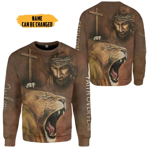 Gearhumans 3D Jesus Lion Cross Faith Over Fear Custom Name Tshirt Hoodie Apparel - Image 7