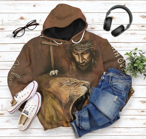 Gearhumans 3D Jesus Lion Cross Faith Over Fear Custom Name Tshirt Hoodie Apparel - Image 13