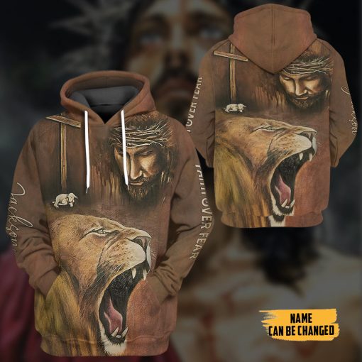 Gearhumans 3D Jesus Lion Cross Faith Over Fear Custom Name Tshirt Hoodie Apparel - Image 15