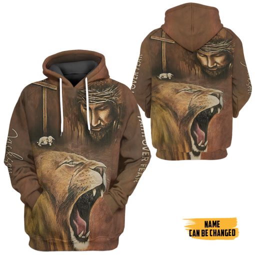 Gearhumans 3D Jesus Lion Cross Faith Over Fear Custom Name Tshirt Hoodie Apparel - Image 5