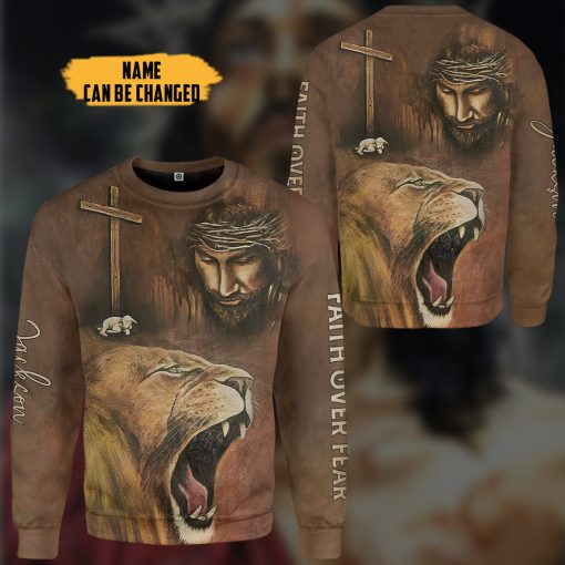 Gearhumans 3D Jesus Lion Cross Faith Over Fear Custom Name Tshirt Hoodie Apparel - Image 9