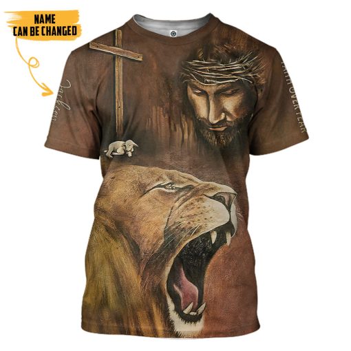Gearhumans 3D Jesus Lion Cross Faith Over Fear Custom Name Tshirt Hoodie Apparel - Image 3