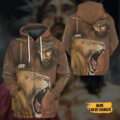 Gearhumans 3D Jesus Lion Cross Faith Over Fear Custom Name Tshirt Hoodie Apparel - Image 11