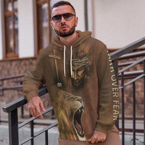 Gearhumans 3D Jesus Lion Cross Faith Over Fear Custom Name Tshirt Hoodie Apparel - Image 14