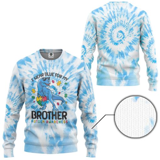 Gearhumans 3D I Wear Blue For My Brother Autism Awareness T-Rex Tie Dye Custom Tshirt Hoodie Apprael - Image 6