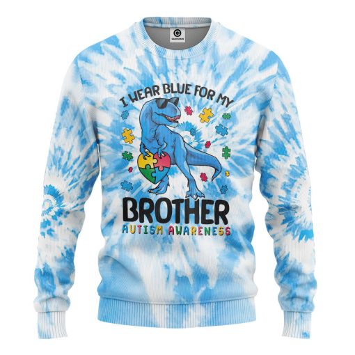 Gearhumans 3D I Wear Blue For My Brother Autism Awareness T-Rex Tie Dye Custom Tshirt Hoodie Apprael - Image 2