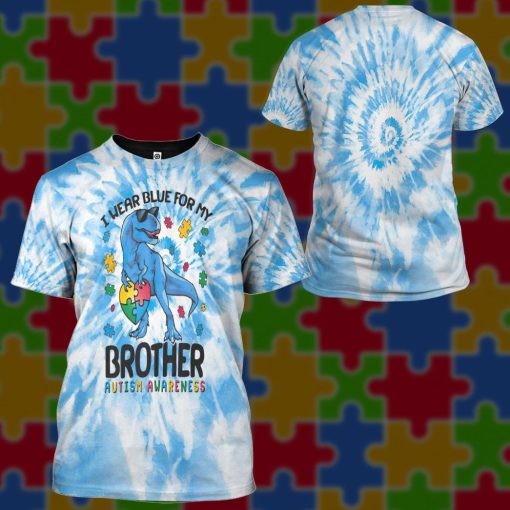 Gearhumans 3D I Wear Blue For My Brother Autism Awareness T-Rex Tie Dye Custom Tshirt Hoodie Apprael - Image 11