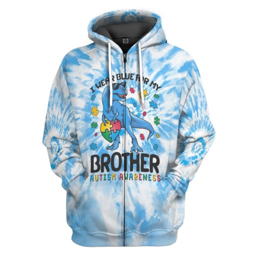 Gearhumans 3D I Wear Blue For My Brother Autism Awareness T-Rex Tie Dye Custom Tshirt Hoodie Apprael - Image 4