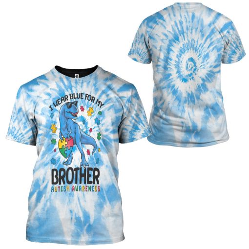 Gearhumans 3D I Wear Blue For My Brother Autism Awareness T-Rex Tie Dye Custom Tshirt Hoodie Apprael - Image 7