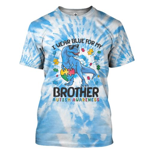 Gearhumans 3D I Wear Blue For My Brother Autism Awareness T-Rex Tie Dye Custom Tshirt Hoodie Apprael - Image 3