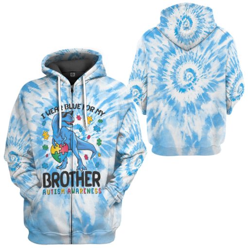 Gearhumans 3D I Wear Blue For My Brother Autism Awareness T-Rex Tie Dye Custom Tshirt Hoodie Apprael - Image 8