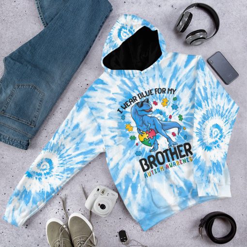 Gearhumans 3D I Wear Blue For My Brother Autism Awareness T-Rex Tie Dye Custom Tshirt Hoodie Apprael - Image 13