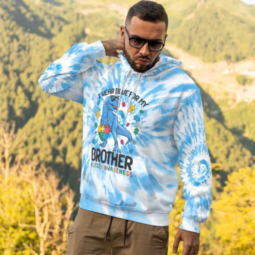 Gearhumans 3D I Wear Blue For My Brother Autism Awareness T-Rex Tie Dye Custom Tshirt Hoodie Apprael - Image 14