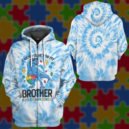 Gearhumans 3D I Wear Blue For My Brother Autism Awareness T-Rex Tie Dye Custom Tshirt Hoodie Apprael - Image 12