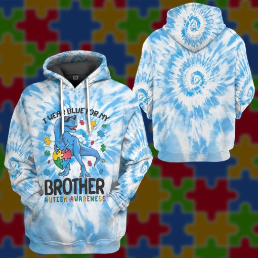 Gearhumans 3D I Wear Blue For My Brother Autism Awareness T-Rex Tie Dye Custom Tshirt Hoodie Apprael - Image 9