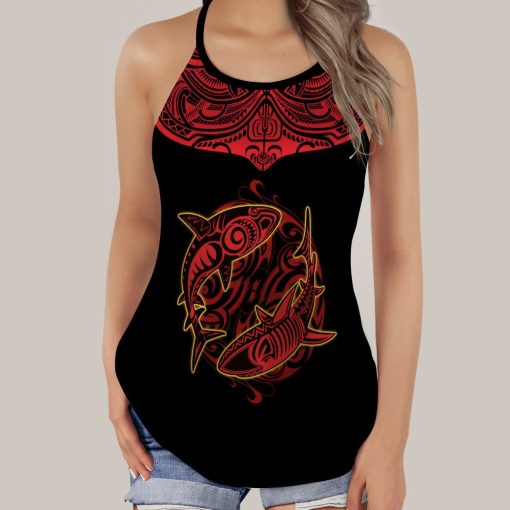 Gearhumans 3D Shark Fishing Polynesian Custom Cross Tank Top