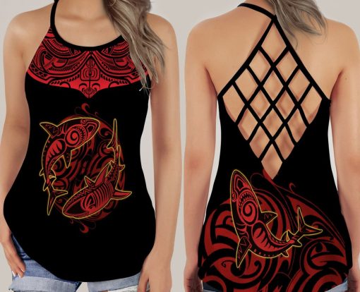 Gearhumans 3D Shark Fishing Polynesian Custom Cross Tank Top - Image 3