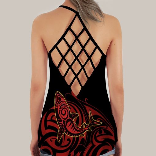 Gearhumans 3D Shark Fishing Polynesian Custom Cross Tank Top - Image 2