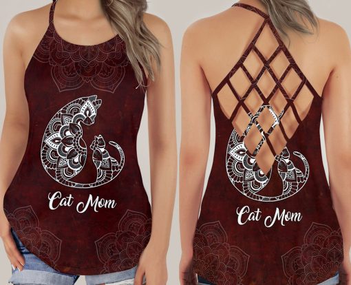 Gearhumans 3D Mandala Cat Mom Mothers Day Custom Criss Cross Tank Top - Image 3