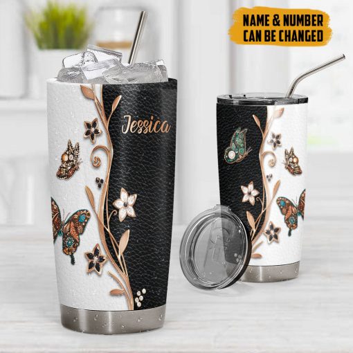 Gearhumans 3D Butterfly Golden Butterfly Leather Style Custom Name Tumbler - Image 6