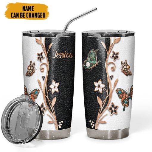 Gearhumans 3D Butterfly Golden Butterfly Leather Style Custom Name Tumbler - Image 3