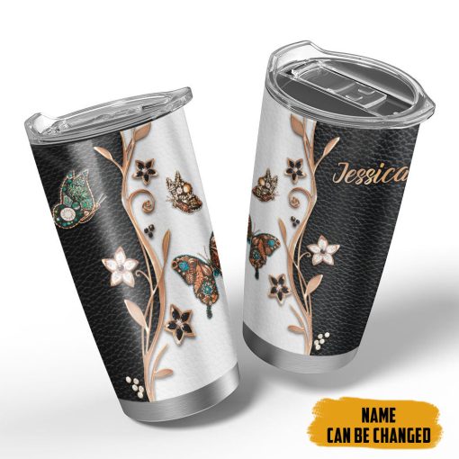Gearhumans 3D Butterfly Golden Butterfly Leather Style Custom Name Tumbler - Image 4