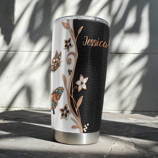 Gearhumans 3D Butterfly Golden Butterfly Leather Style Custom Name Tumbler - Image 5