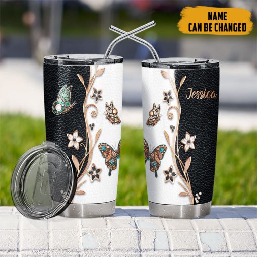 Gearhumans 3D Butterfly Golden Butterfly Leather Style Custom Name Tumbler - Image 7