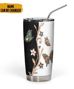 Gearhumans 3D Butterfly Golden Butterfly Leather Style Custom Name Tumbler