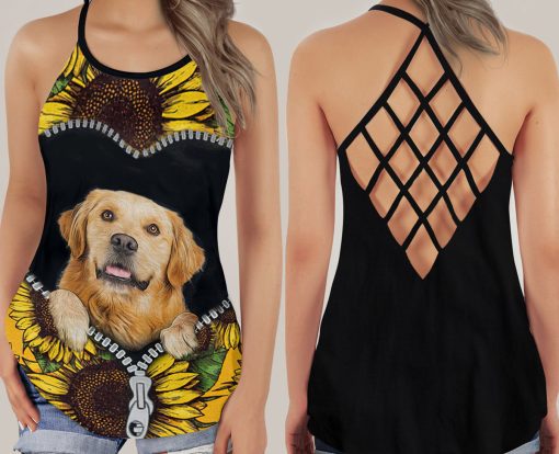 Gearhumans 3D Golden Retriever Sunflower Custom Cross Tank Top