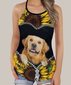 Gearhumans 3D Golden Retriever Sunflower Custom Cross Tank Top