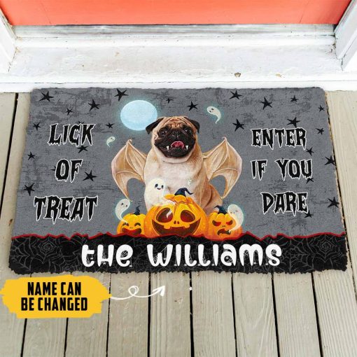 Gearhumans 3D Halloween Vampire Pug Custom Name Doormat