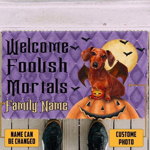 Gearhumans 3D Welcome Foolish Mortals Halloween Vampire Dog Custom Name Custom Photo Doormat