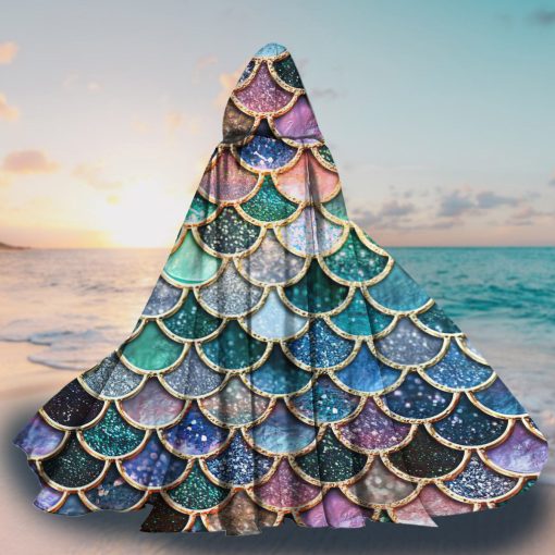 Gearhumans 3D The Most Blue Sparkle Mermaid Tail In The Ocean Custom Hooded Cloak