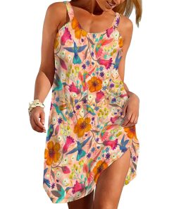 Gearhumans 3D Hummingbirds With Flowers Custom Beach Dress