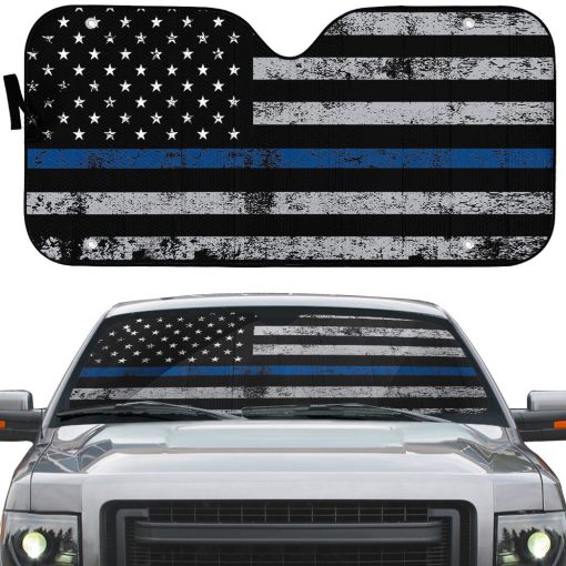 Gearhumans 3D Blue Thin Line American Flag Auto Sunshade - Image 2