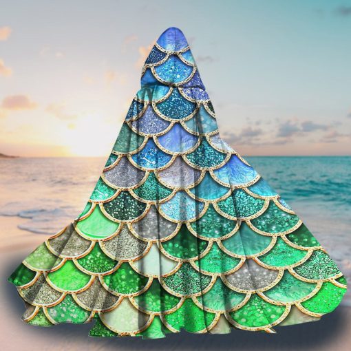 Gearhumans 3D The Most Green And Blue Sparkle Mermaid Tail In The Ocean Custom Hooded Cloak