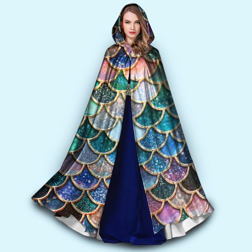 Gearhumans 3D The Most Blue Sparkle Mermaid Tail In The Ocean Custom Hooded Cloak