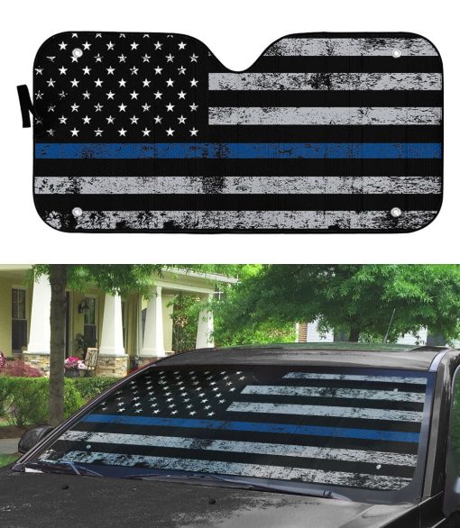 Gearhumans 3D Blue Thin Line American Flag Auto Sunshade - Image 3