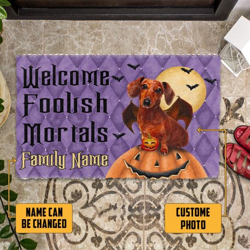 Gearhumans 3D Welcome Foolish Mortals Halloween Vampire Dog Custom Name Custom Photo Doormat