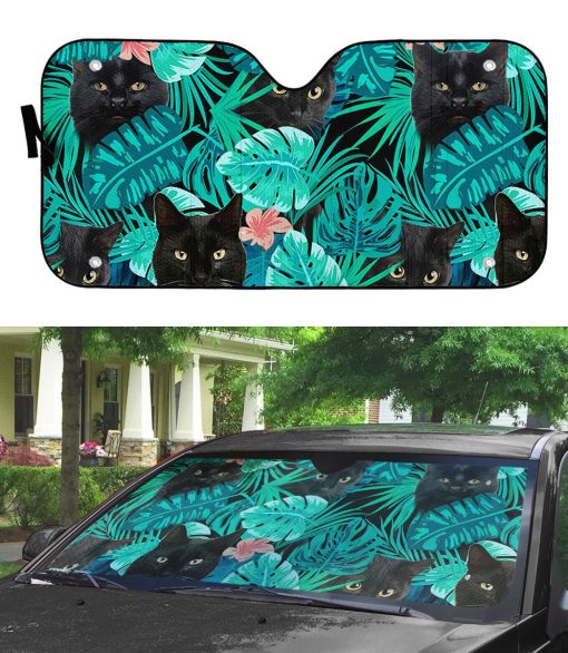 Gearhumans 3D Black Cat Tropical Car Auto Sunshade