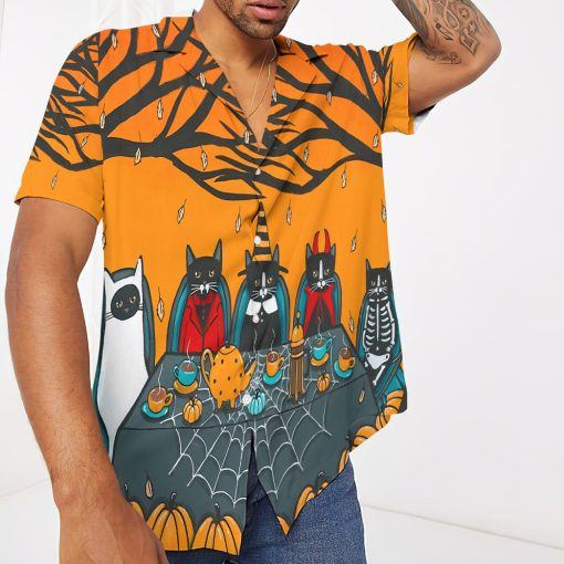 Gearhumans 3D Happy Halloween Tea and Coffee Party Black Cats Custom Short Sleeves Shirt - Image 3