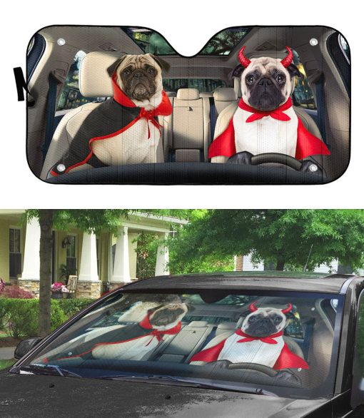 Gearhumans 3D Halloween Pug Dogs Vampire Custom Car Auto Sunshade