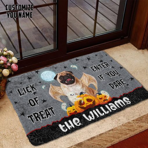 Gearhumans 3D Halloween Vampire Pug Custom Name Doormat