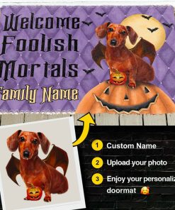 Gearhumans 3D Welcome Foolish Mortals Halloween Vampire Dog Custom Name Custom Photo Doormat