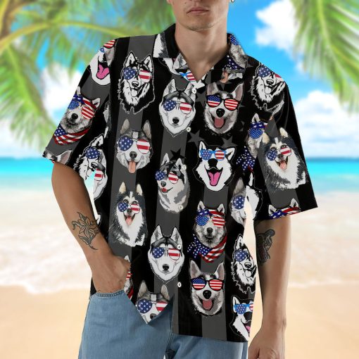 Gearhumans 3D Husky American Flag Hawaii Shirt